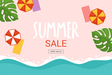 Summer sale banner design with umbrella and sea beach top view background. Vector illustration