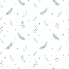 Fototapeta premium Watercolor seamless pattern with christmas fir twigs, spruce tree retro style