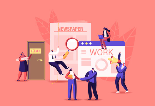 Characters Hiring Job in Newspaper Ads and Online. Work Interview in Office with Applicants, Cv Documents. Hr Agent with Loudspeaker Announcement for Candidates. Cartoon People Vector Illustration