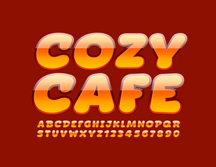 Vector stylish emblem Cozy Cafe. Glossy shiny Font. Artistic Alphabet Letters and Numbers