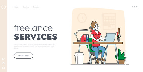 Freelance Employee Landing Page Template. Office Worker Busy Business Woman or Freelancer Character Working on Laptop Sitting at Table Workplace Talking by Mobile Phone. Linear Vector Illustration
