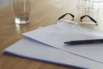 Background with paperwork on a conference table as office scene, copy space