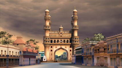 Fototapeta na wymiar Charminar vintage look from Hyderabad a monument which recognized by the world