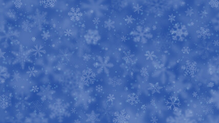 Fototapeta na wymiar Christmas background of snowflakes of different shapes, sizes, blur and transparency in light blue colors
