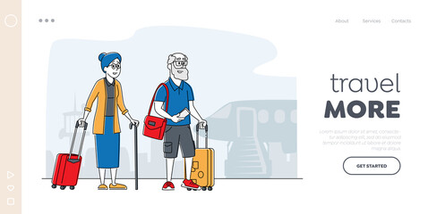 Aged Couple Voyage Landing Page Template. Senior Tourist Characters with Luggage Boarding on Airplane for Trip, Elderly Traveling People Going to Foreign Country. Linear People Vector Illustration