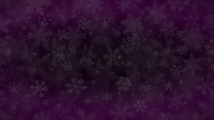 Christmas background of snowflakes of different shapes, sizes, blur and transparency in dark purple colors