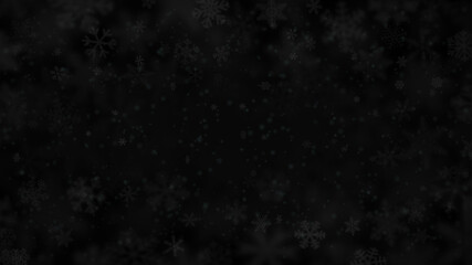 Christmas background of snowflakes of different shapes, sizes, blur and transparency in dark black colors