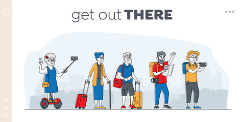 Elderly Characters Travel Group Landing Page Template. Mature Tourists Stand on City Street in Foreign Country. Old People Traveling with Map, Photo Camera, Luggage, Selfie. Linear Vector Illustration
