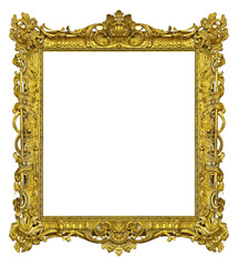 Golden frame for paintings, mirrors or photo isolated on white background. Design element with clipping path