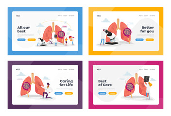 Obraz na płótnie Canvas Respiratory Medicine Pulmonology Healthcare Landing Page Template Set. Doctors Characters Check Human Tuberculosis Lungs with Glass, Make X-ray, Pulmonological Care. Cartoon People Vector Illustration