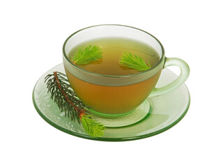 Cup of fir tree tea isolated on white