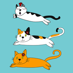 three cute cats are laying. Vector illustration