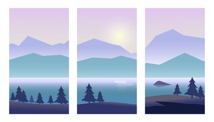 Wallpaper set for vertical orientation. Banners for social media, smartphones, brochures. Landscape with purple and green foggy, misty mountains, mountain lake and fir trees. Vector illustration