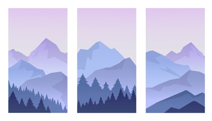 Wallpaper set for vertical orientation. Banners for social media, smartphones, brochures. Landscape with blue and purple foggy, misty mountains, hills, trees. Vector illustration background