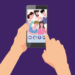 Hand holds smartphone. Video conference man on screen phone talking by internet in videocall, chat, UI,UX interface