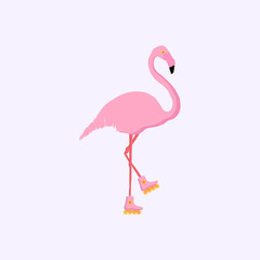 Vector illustration. On a light background. Pink flamingos have fun on roller skates.