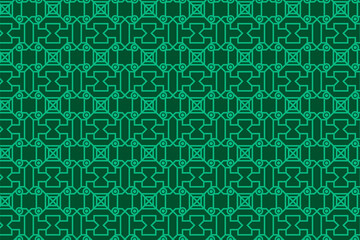 pop art pattern vector. soft Green Seamless Geometric Pattern with Moslem Shapes in dark green background. Vector Illustration. Combination of circle, square and triangle. 