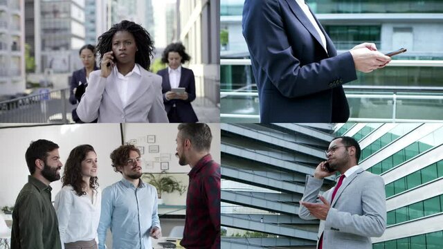 Confident businesspeople talking on cellphone outdoors, walking in city, texting message, meeting with handshake. Multiscreen montage, collage portraits. Communication concept