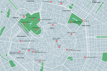 Naklejka premium Vector map of Milan with monuments and parks