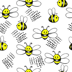 Vector cute bee in doodle style, decorative elements, illustration on a seamless white background, for use in design, fashion, wrapping paper, textile, wallpaper
