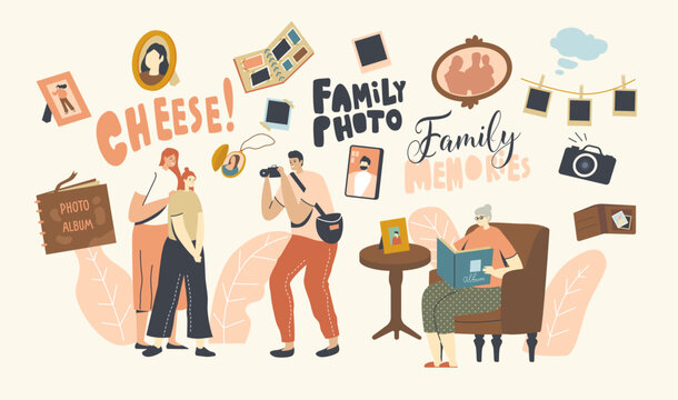 Family Photo Concept. Mother and Daughter Characters Visiting Salon for Making Photography. Senior Woman Sitting with Album in Hands Watching Pictures from Past. Linear People Vector Illustration