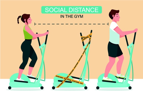 People working out in a gym following social distancing  of physical distancing and hygiene,