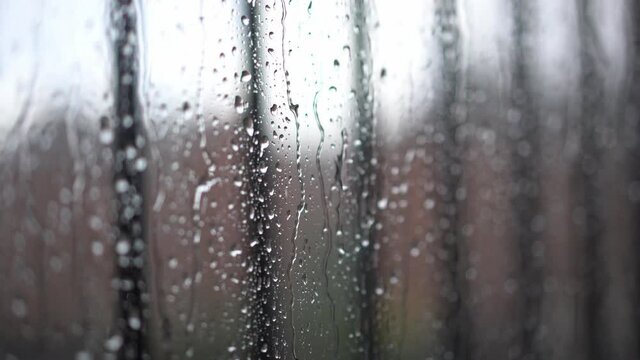 Close up of a glass with water drops while outside is raining. Outside is raining and inside view of the window frame and glass. Melancholy view of the rain through glass. Drops of rain through glass.