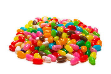 Colorful jelly beans isolated on white. Top view.
