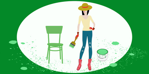 Fototapeta premium Woman paints a chair with a paint brush - vector. Banner. DIY home repair.