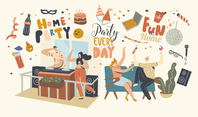 Young Characters Holding Glasses with Champagne Celebrate Holiday Drinking Alcohol Cocktail and Communicating Birthday Home Party or Festive Event with Dj Music. Linear People Vector Illustration