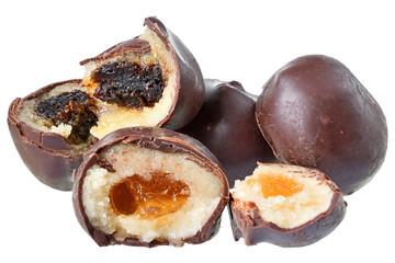 Chocolate marzipan bar with fruit filling isolated