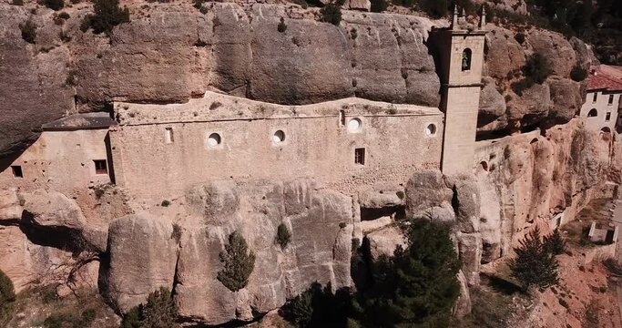 Impressive religious complex Sanctuary Mare de Deu de Balma built in rock, Sorita, Castellon, Spain