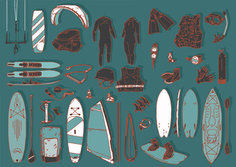 Set de equipamiento para deportes de agua. Submarinismo, kitesurf, wake, waterskii, kayak, surf, paddlesurf. Set de accesorios y heramientas.