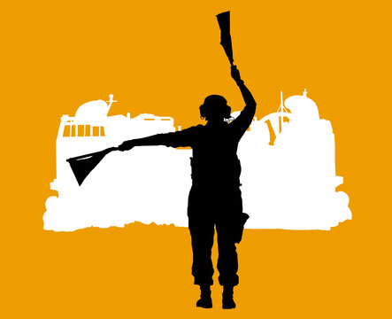 Military Silhouette -- Navy director guides U.S. Navy LCAC into position.