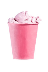 balls of pink raspberry ice cream in a pink paper glass on a white background isolate. close up, copy space.