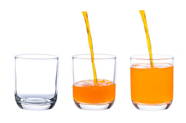 Glass set that pour orange juice into the glass On a white background