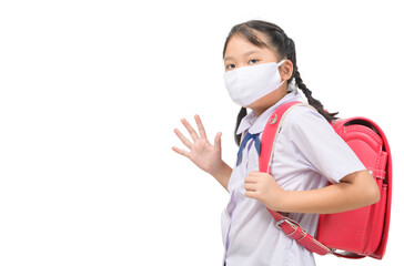 Asian girl student wear mask and waving goodbye isolated on white background