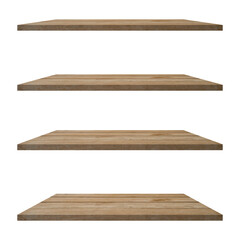 4 Wood shelves table isolated on white background and display montage for product.