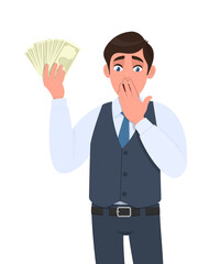 Shocked young businessman in waistcoat showing cash, money and covering hand on mouth. Scared person holding currency notes. Male character design illustration. Modern lifestyle in vector cartoon.