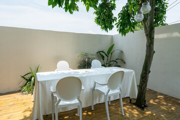 Long table and chair in Villa Garden Restaurant