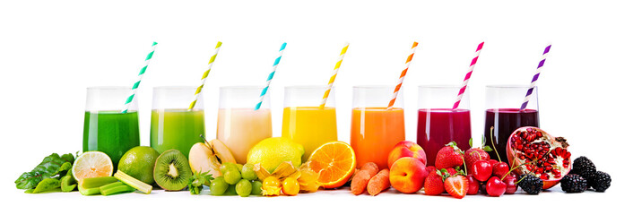 Assortment of fresh fruits and vegetables juices in rainbow colors
