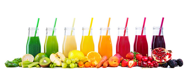 Assortment of fresh fruits and vegetables juices in rainbow colors