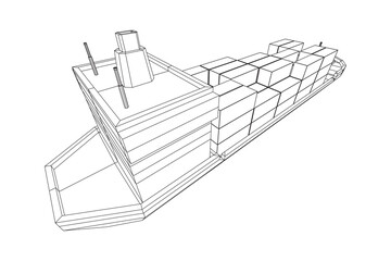 Heavy dry cargo ship of bulk carrier with freight containers. Wireframe low poly mesh vector illustration.