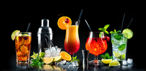 Set of various cocktails with on black background