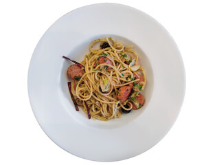 Spaghetti with Bacon Chili and Sausages, serving on white plate. isolated on white.