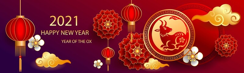 Happy new year 2021 / Chinese new year / Year of the ox / Zodiac sign for greetings card, invitation, posters, brochure, calendar, flyers, banners.