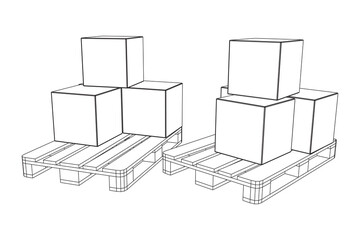 Cargo pallet for warehouse with stacked goods cardboard boxes. Logistics shipping concept. Wireframe low poly mesh vector illustration.