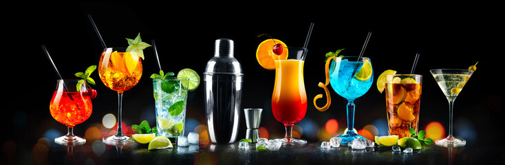 Set of various cocktails with on black background