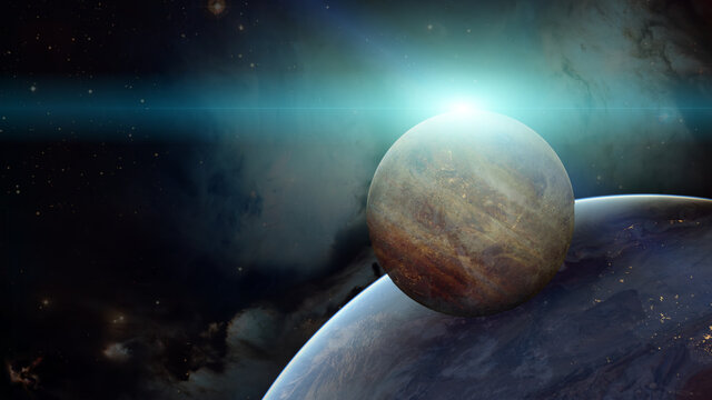 Exoplanet, exomoons and galaxy. Elements of this image are furnished by NASA