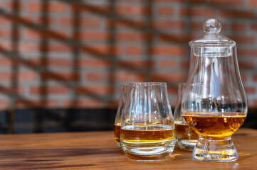 Tasting of Scotch whisky in traditional old house with shadow from British windows